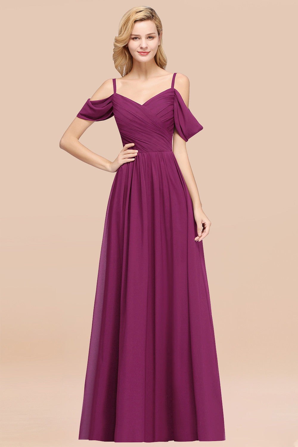 A-Line Chiffon V-Neck Spaghetti Straps Ruffles Long Bridesmaid Dresses with Sleeves-BIZTUNNEL