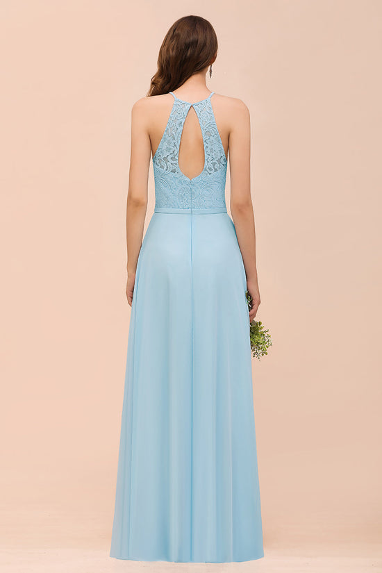 A-Line Halter Appliques Chiffon Long Bridesmaid Dress Sky Blue Party Dress-BIZTUNNEL