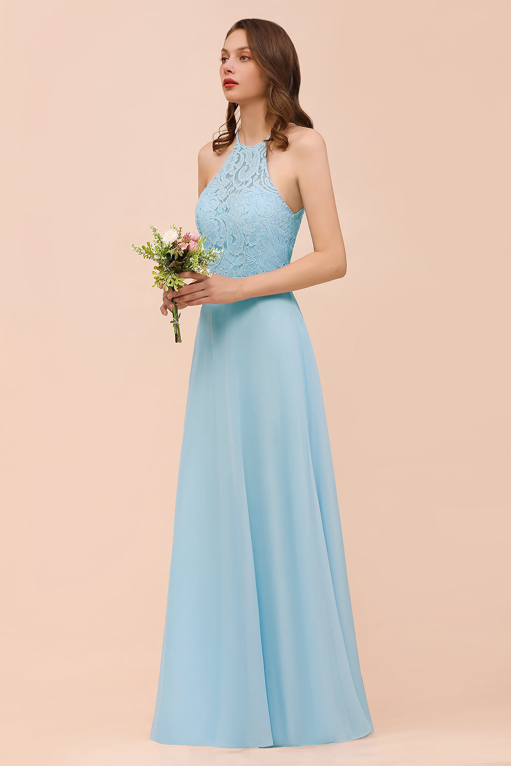 A-Line Halter Appliques Chiffon Long Bridesmaid Dress Sky Blue Party Dress-BIZTUNNEL