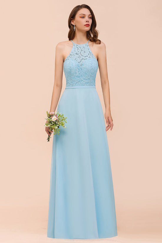 A-Line Halter Appliques Chiffon Long Bridesmaid Dress Sky Blue Party Dress-BIZTUNNEL