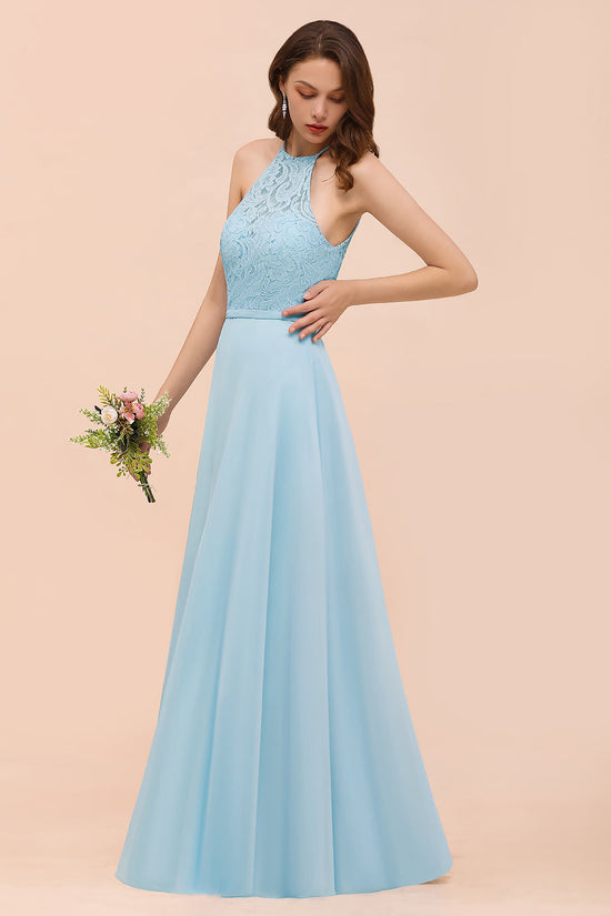 A-Line Halter Appliques Chiffon Long Bridesmaid Dress Sky Blue Party Dress-BIZTUNNEL