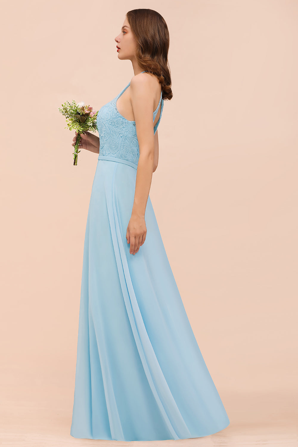 A-Line Halter Appliques Chiffon Long Bridesmaid Dress Sky Blue Party Dress-BIZTUNNEL