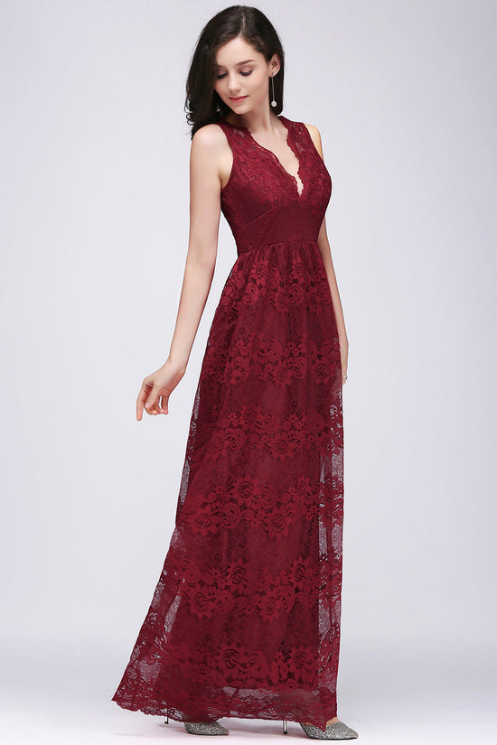 A-Line Lace V-Neck Sleeveless Long Bridesmaid Dresses-BIZTUNNEL