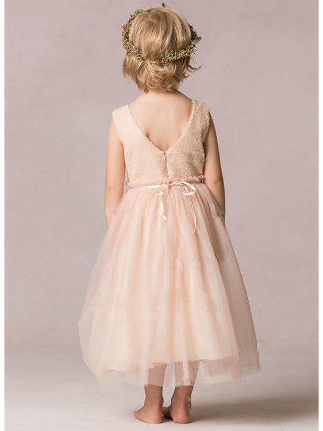 A-Line Sequined Sleeveless Jewel Neck Wedding Party Flower Girl Dresses-BIZTUNNEL