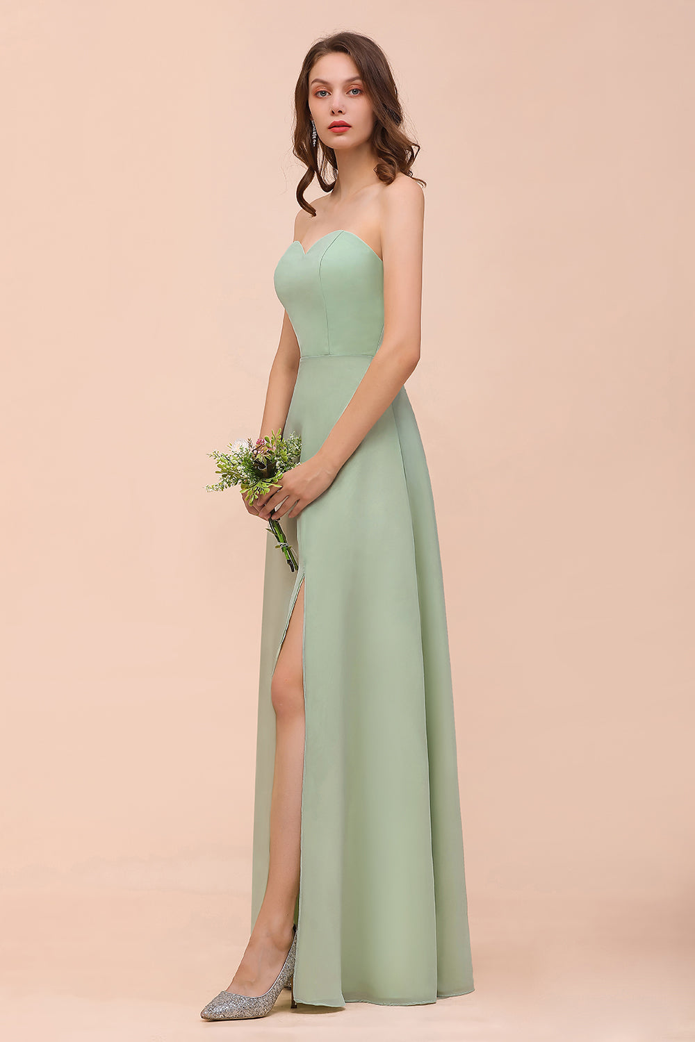 A-Line Sweetheart Chiffon Long Bridesmaid Dress with Slit-BIZTUNNEL