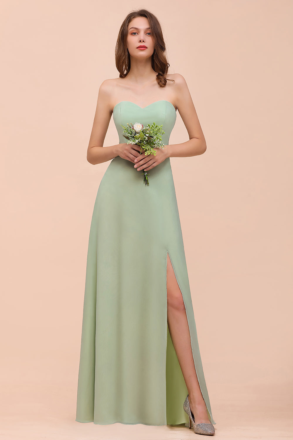 A-Line Sweetheart Chiffon Long Bridesmaid Dress with Slit-BIZTUNNEL