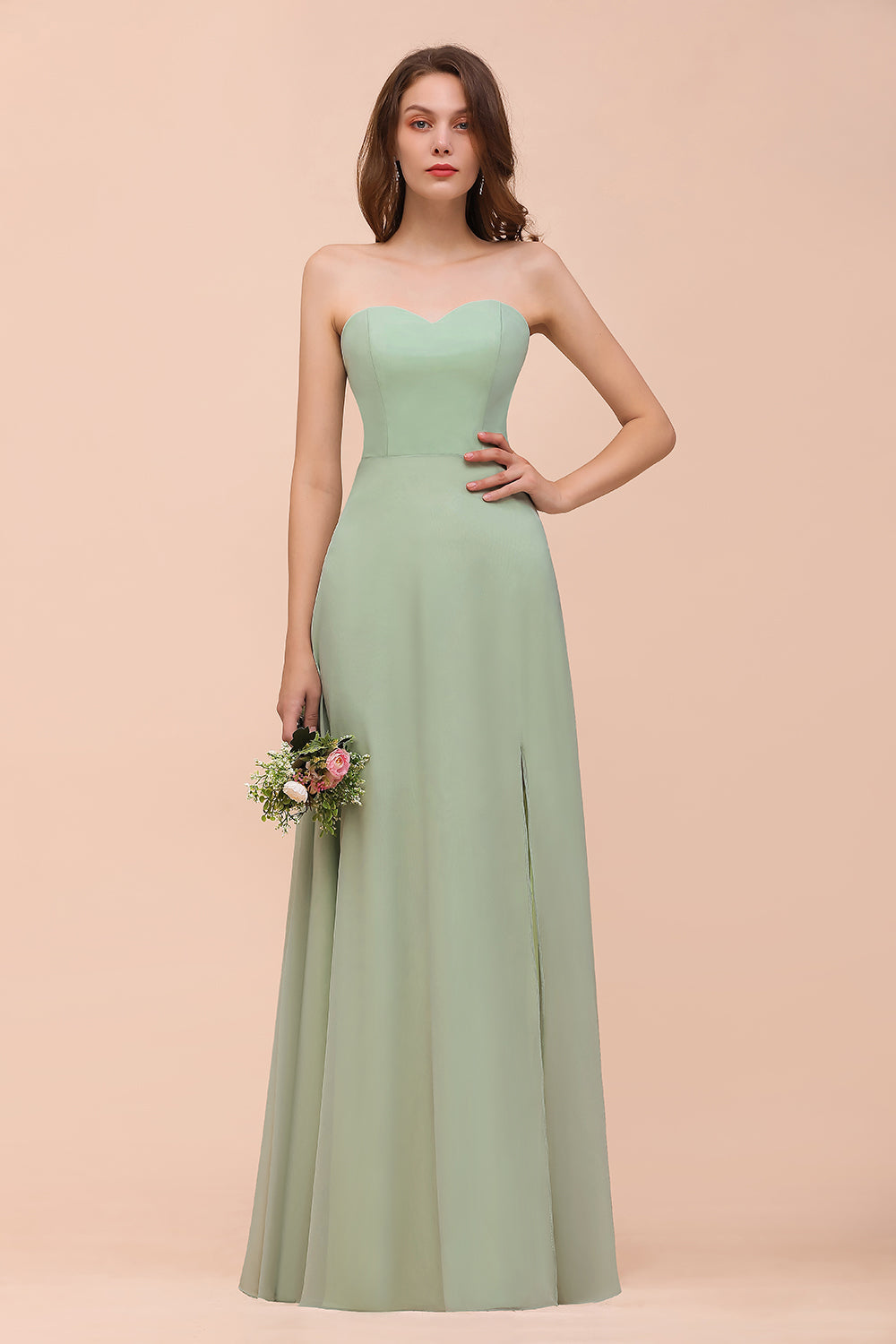 A-Line Sweetheart Chiffon Long Bridesmaid Dress with Slit-BIZTUNNEL