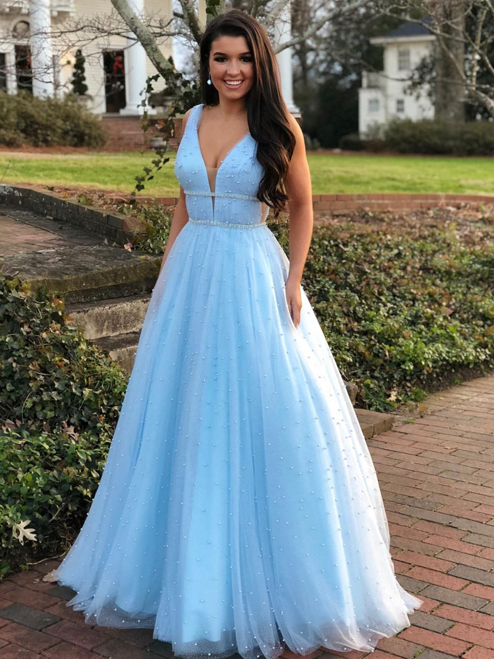 A Line V Neck Beading Long Prom Dresses with Beaded Belt Sky Blue Blue  Formal Evening Gowns