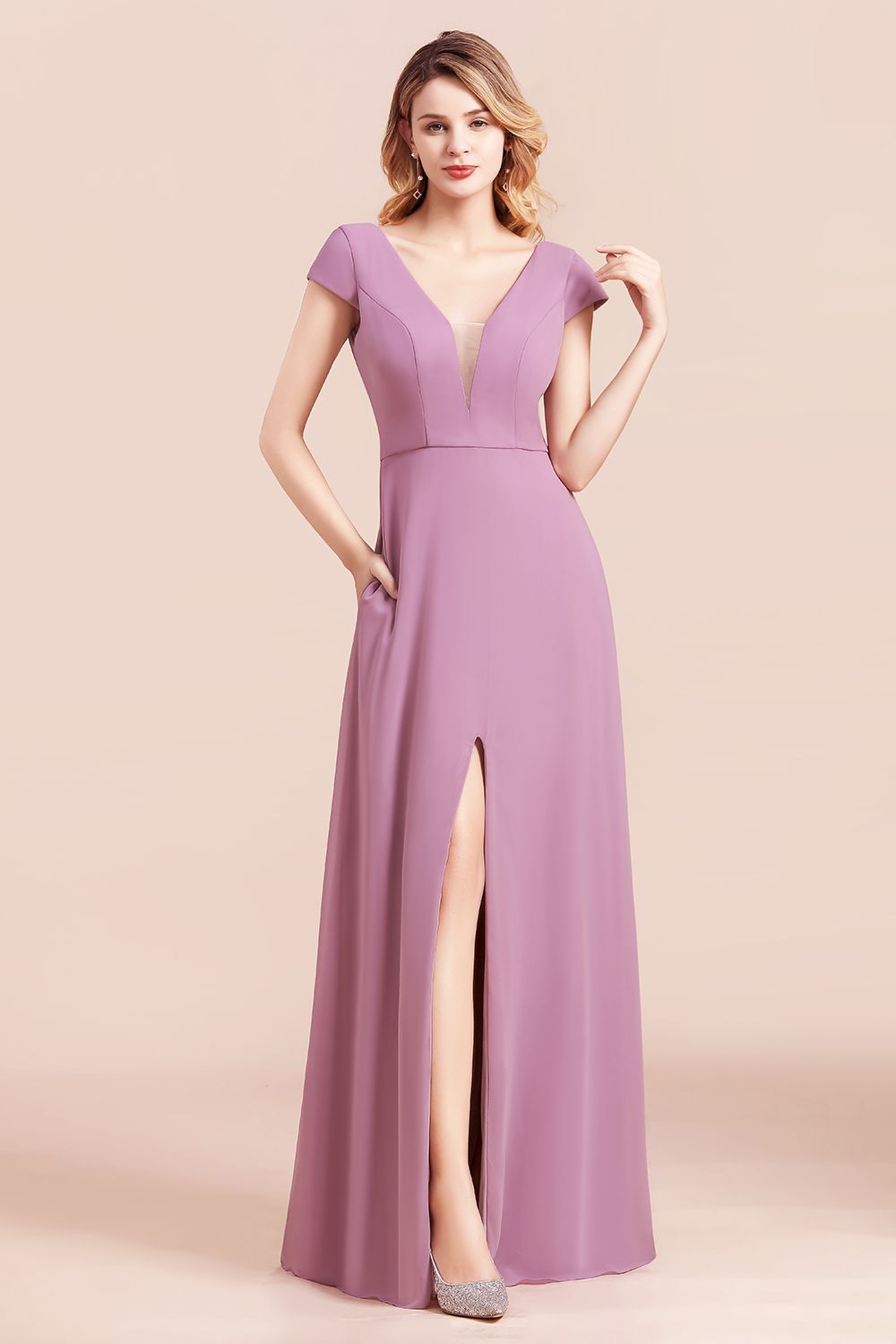 A-Line V-neck Chiffon Front Slit Long Bridesmaid Dress Wth Pockets-BIZTUNNEL