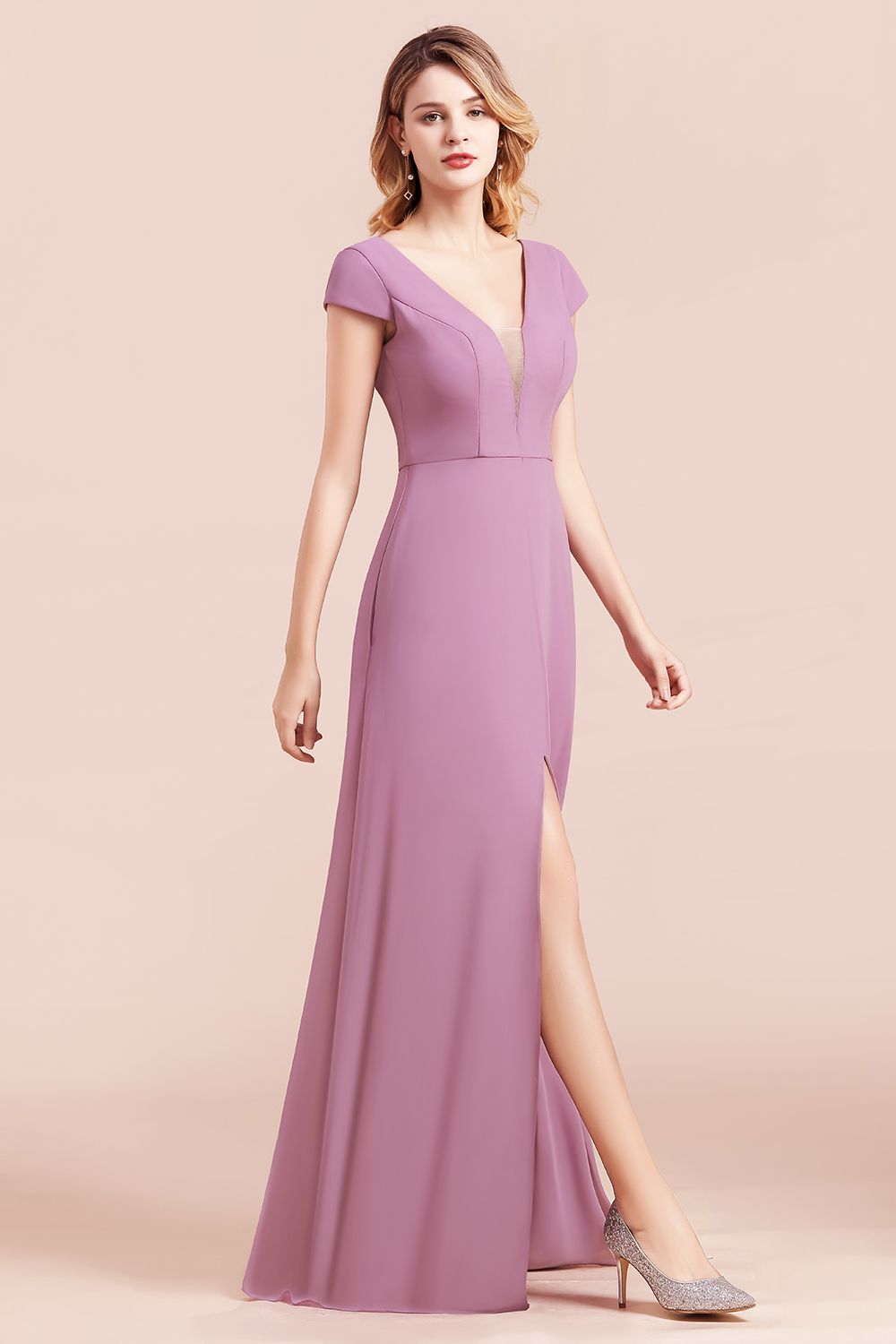 A-Line V-neck Chiffon Front Slit Long Bridesmaid Dress Wth Pockets-BIZTUNNEL