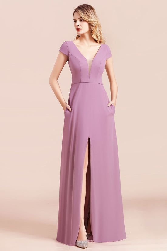 A-Line V-neck Chiffon Front Slit Long Bridesmaid Dress Wth Pockets-BIZTUNNEL