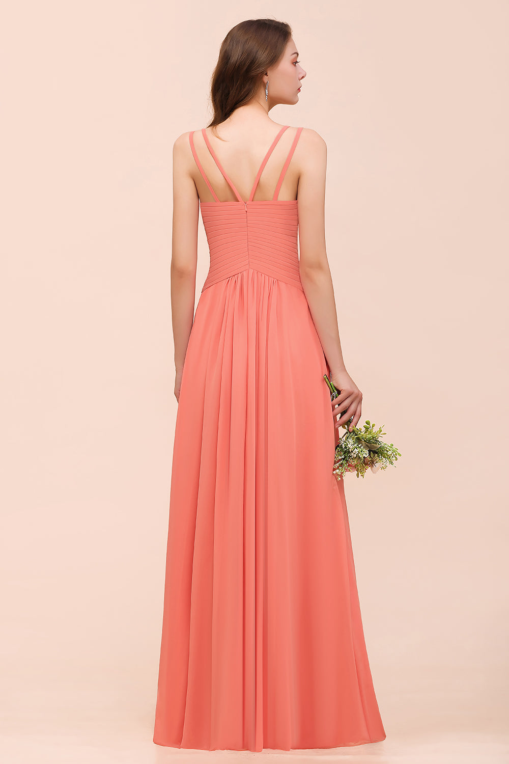 A-line V-neck Chiffon Long Bridesmaid Dress with Slit-BIZTUNNEL