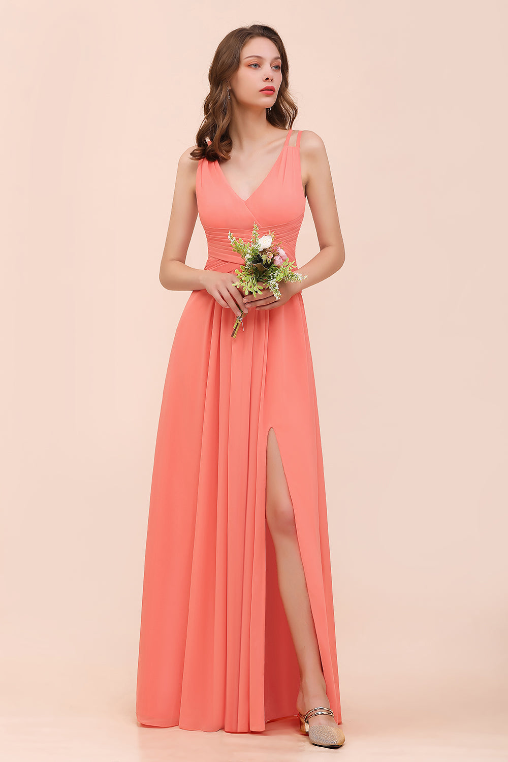 A-line V-neck Chiffon Long Bridesmaid Dress with Slit-BIZTUNNEL