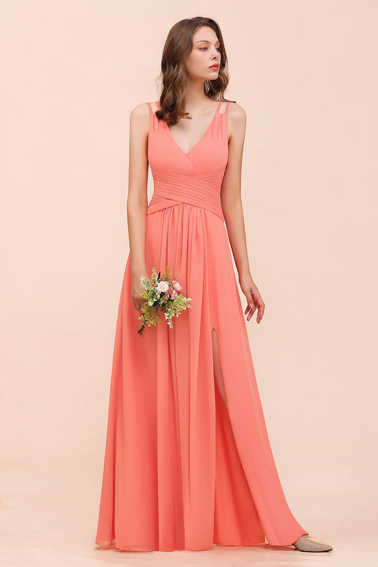 A-line V-neck Chiffon Long Bridesmaid Dress with Slit-BIZTUNNEL