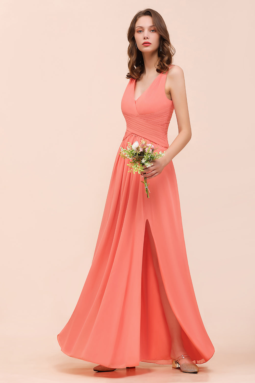 A-line V-neck Chiffon Long Bridesmaid Dress with Slit-BIZTUNNEL