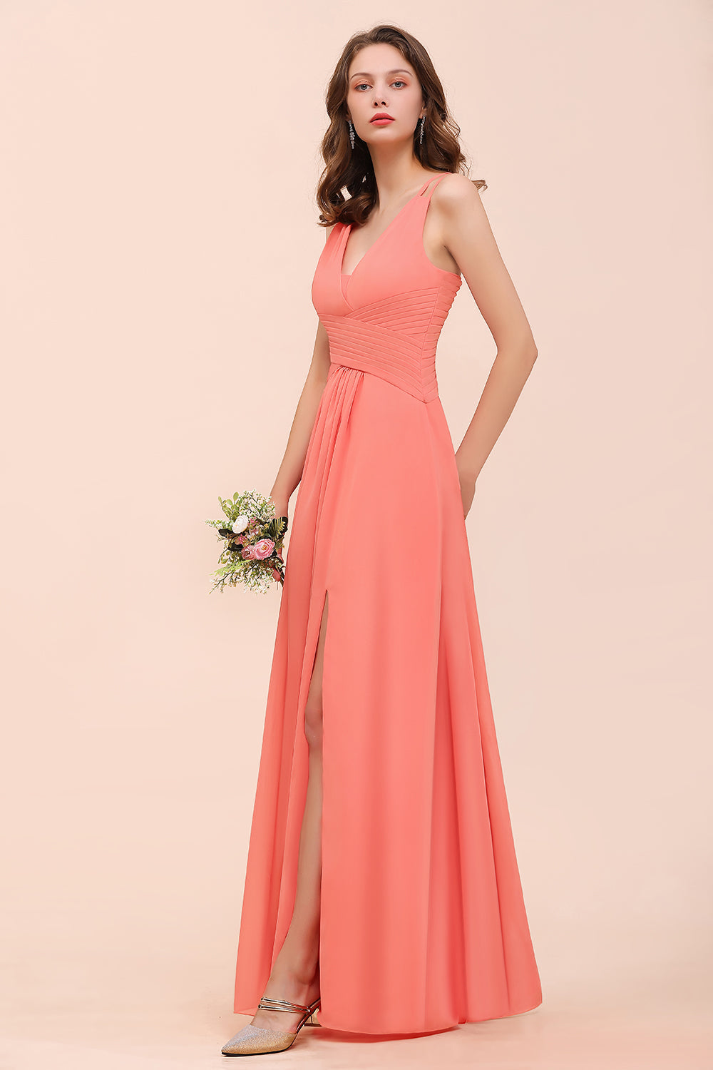 A-line V-neck Chiffon Long Bridesmaid Dress with Slit-BIZTUNNEL