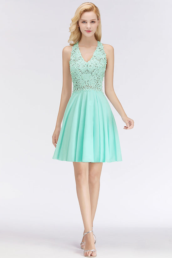 A-Line V-Neck Lace Sleeveless Short Bridesmaid Dress-BIZTUNNEL