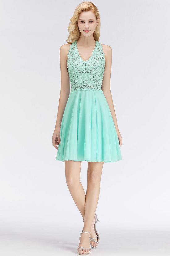 A-Line V-Neck Lace Sleeveless Short Bridesmaid Dress-BIZTUNNEL