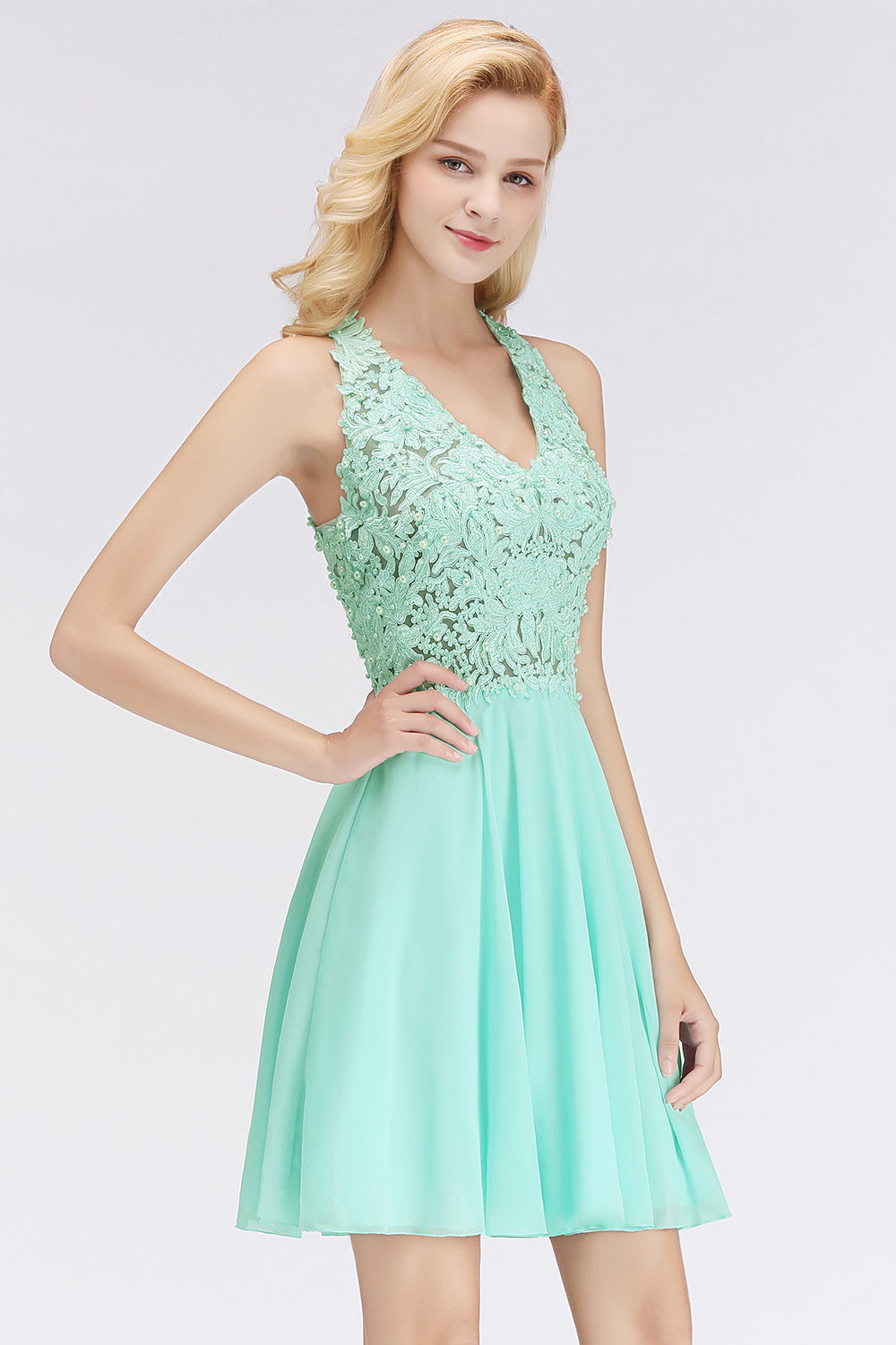 A-Line V-Neck Lace Sleeveless Short Bridesmaid Dress-BIZTUNNEL