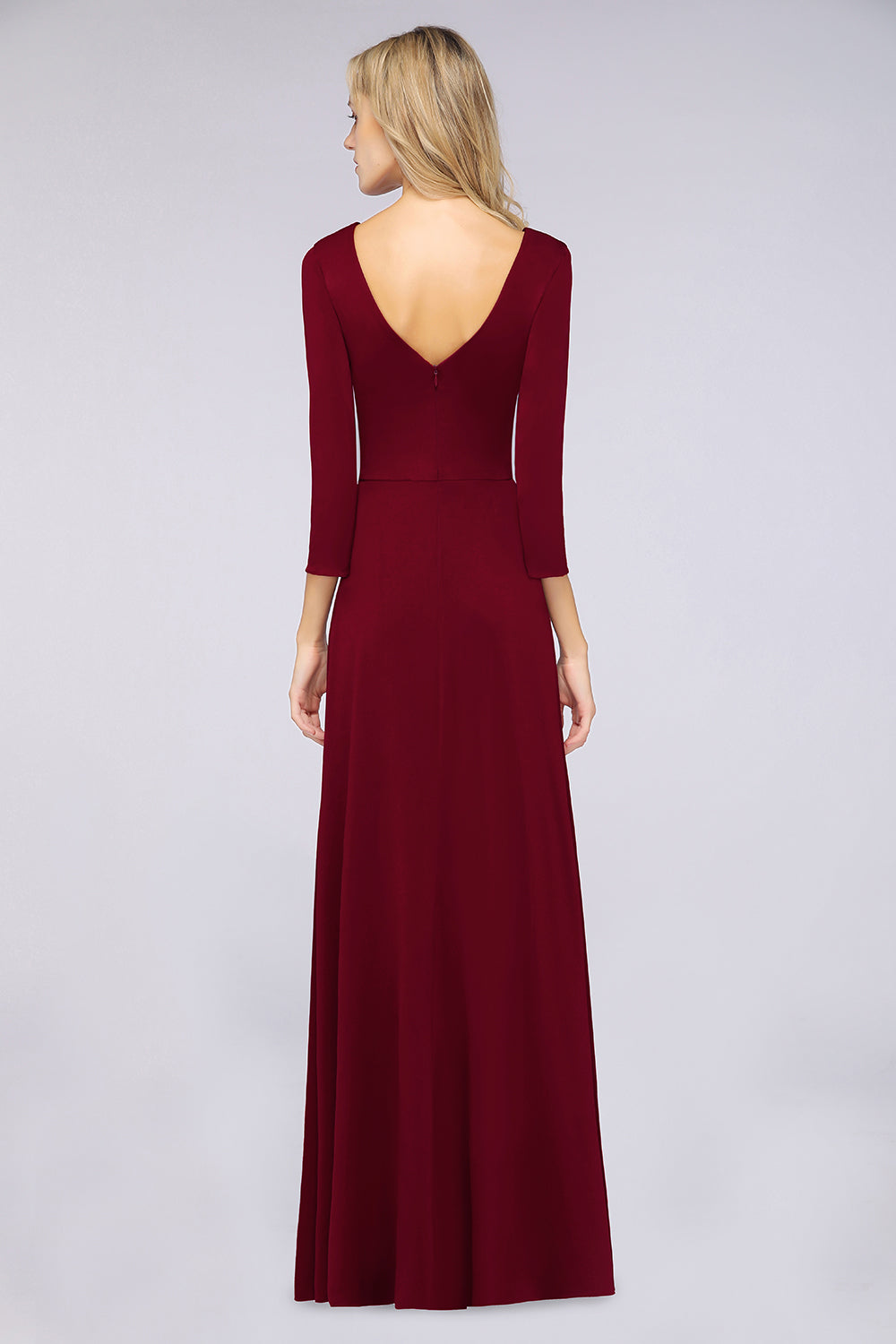 A-Line V-Neck Long Sleeves Bridesmaid Dress with Slit-BIZTUNNEL