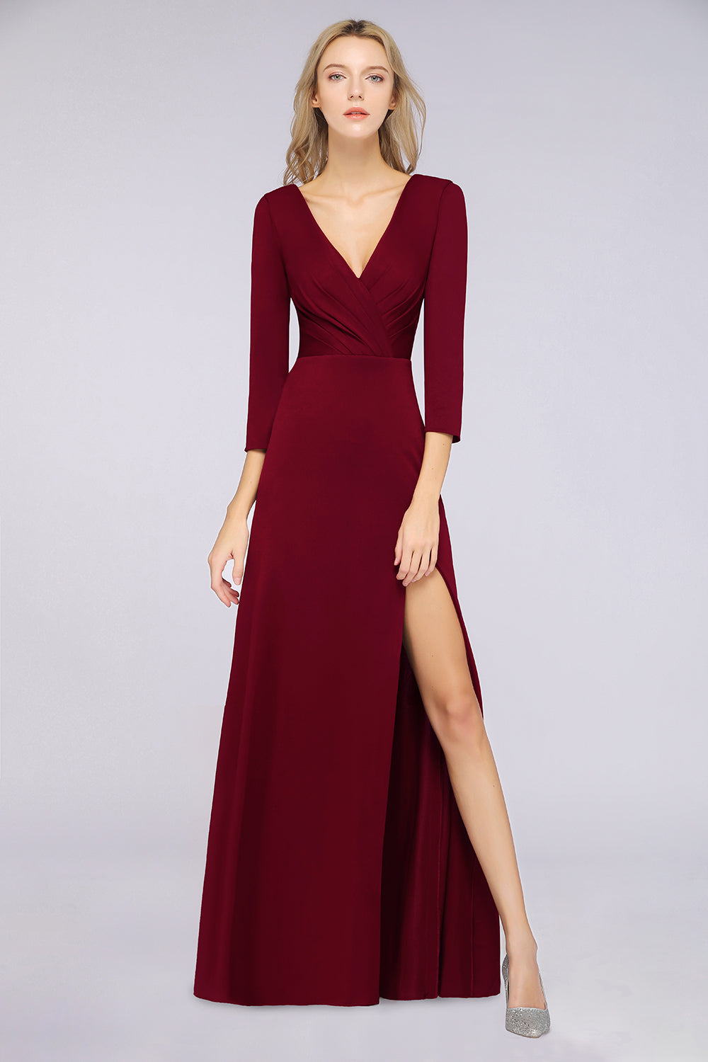 A-Line V-Neck Long Sleeves Bridesmaid Dress with Slit-BIZTUNNEL