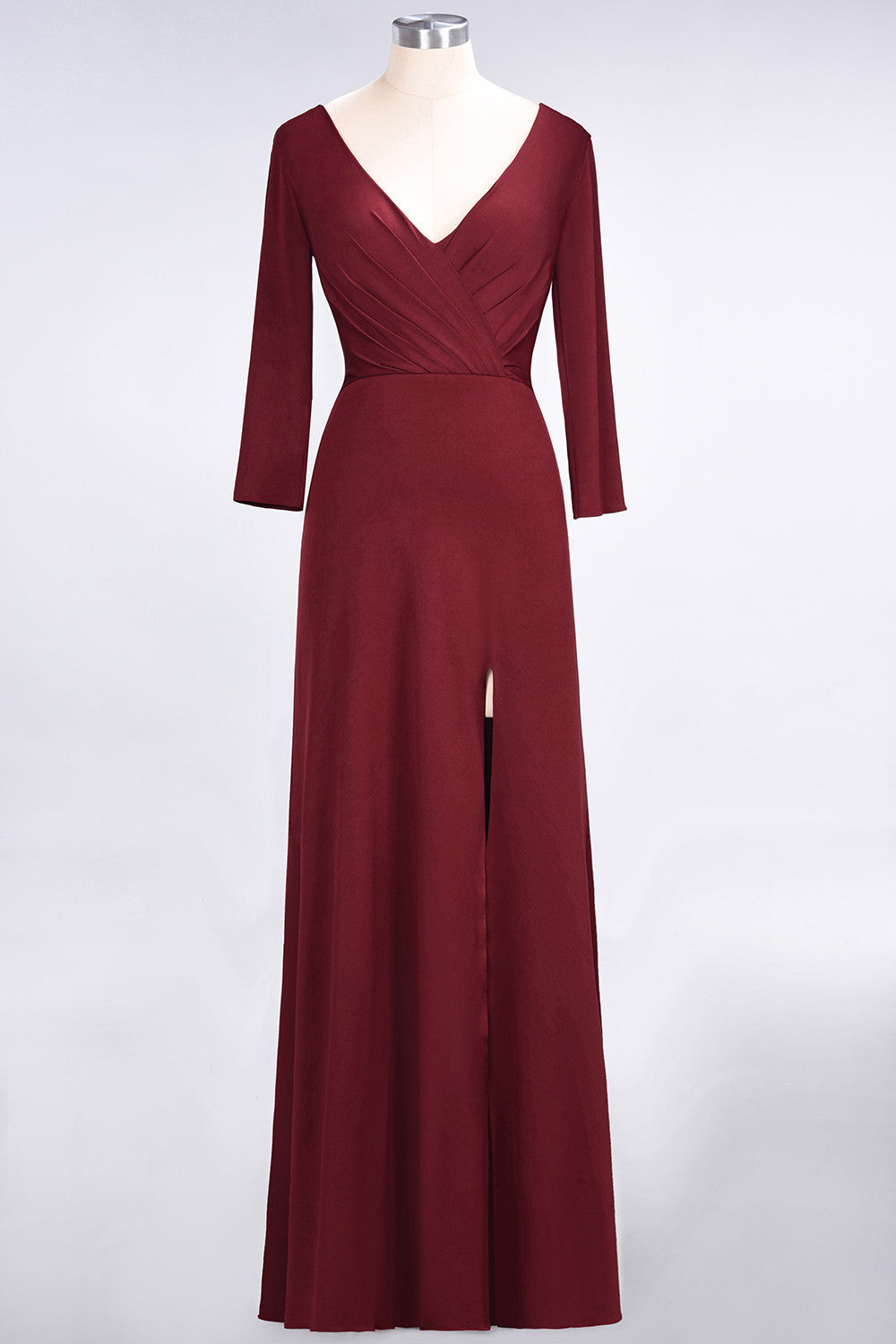 A-Line V-Neck Long Sleeves Bridesmaid Dress with Slit-BIZTUNNEL