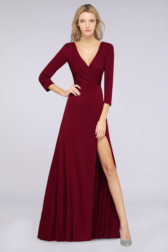 A-Line V-Neck Long Sleeves Bridesmaid Dress with Slit-BIZTUNNEL