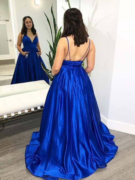 A-line V Neck Satin Long Prom Dresses with Pockets Royal Blue Backless Formal Evening Gowns-BIZTUNNEL