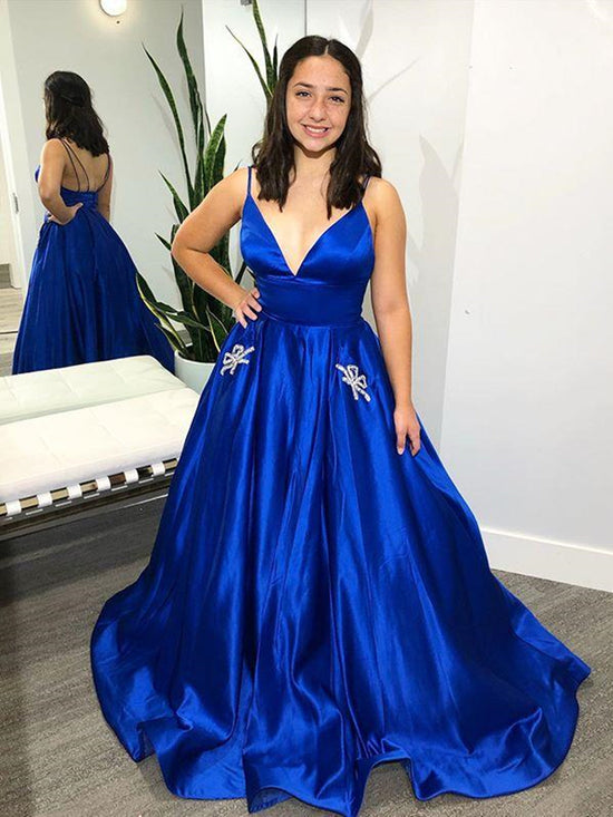 A-line V Neck Satin Long Prom Dresses with Pockets Royal Blue Backless Formal Evening Gowns-BIZTUNNEL