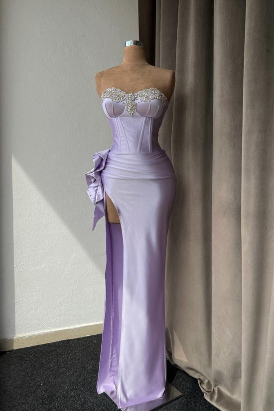 Sleeveless Light Purple Prom Dress With Rhinestone High Slit Gown