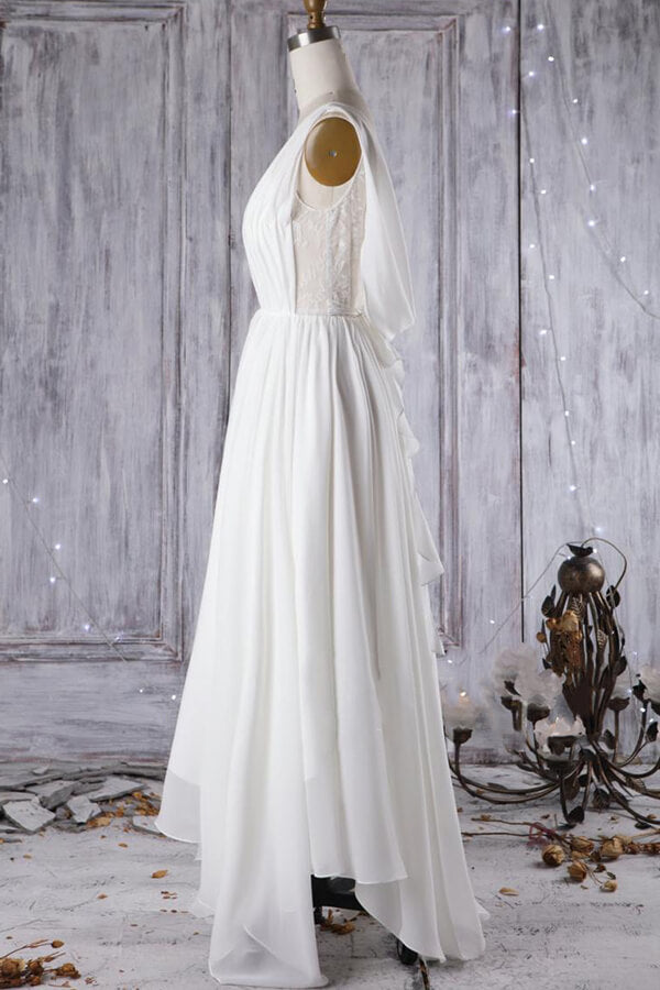 Affordable A-line Asymmetric Lace Chiffon Open Back Wedding Dress-BIZTUNNEL