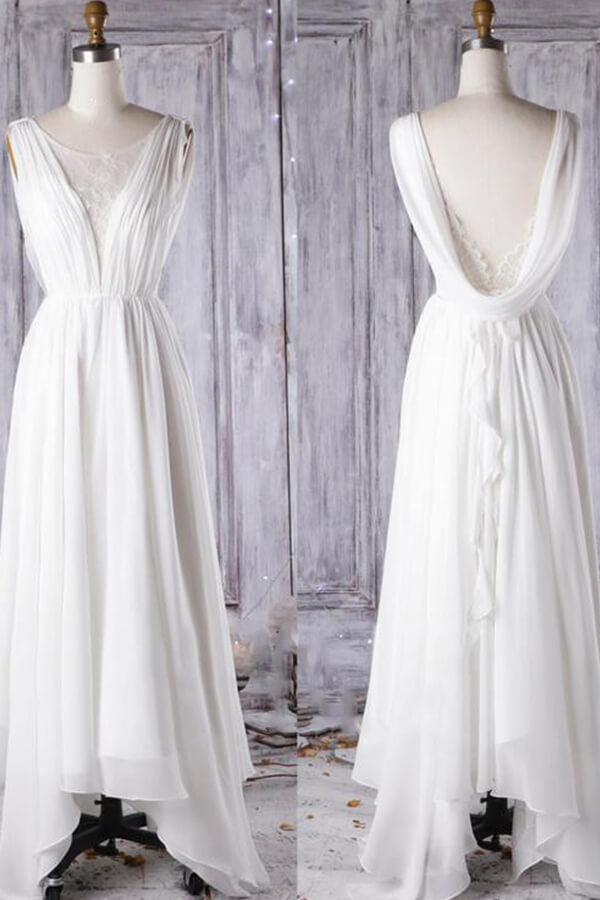 Affordable A-line Asymmetric Lace Chiffon Open Back Wedding Dress-BIZTUNNEL