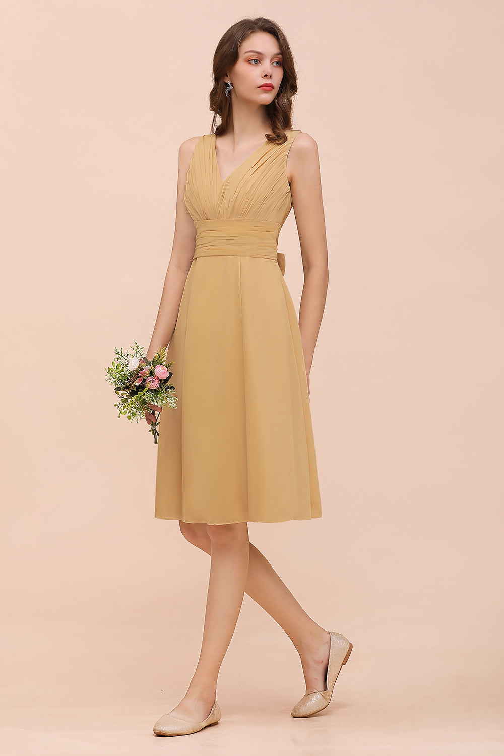 Affordable Gold Short A-line V-neck Chiffon Bridesmaid Dress with Bow-BIZTUNNEL