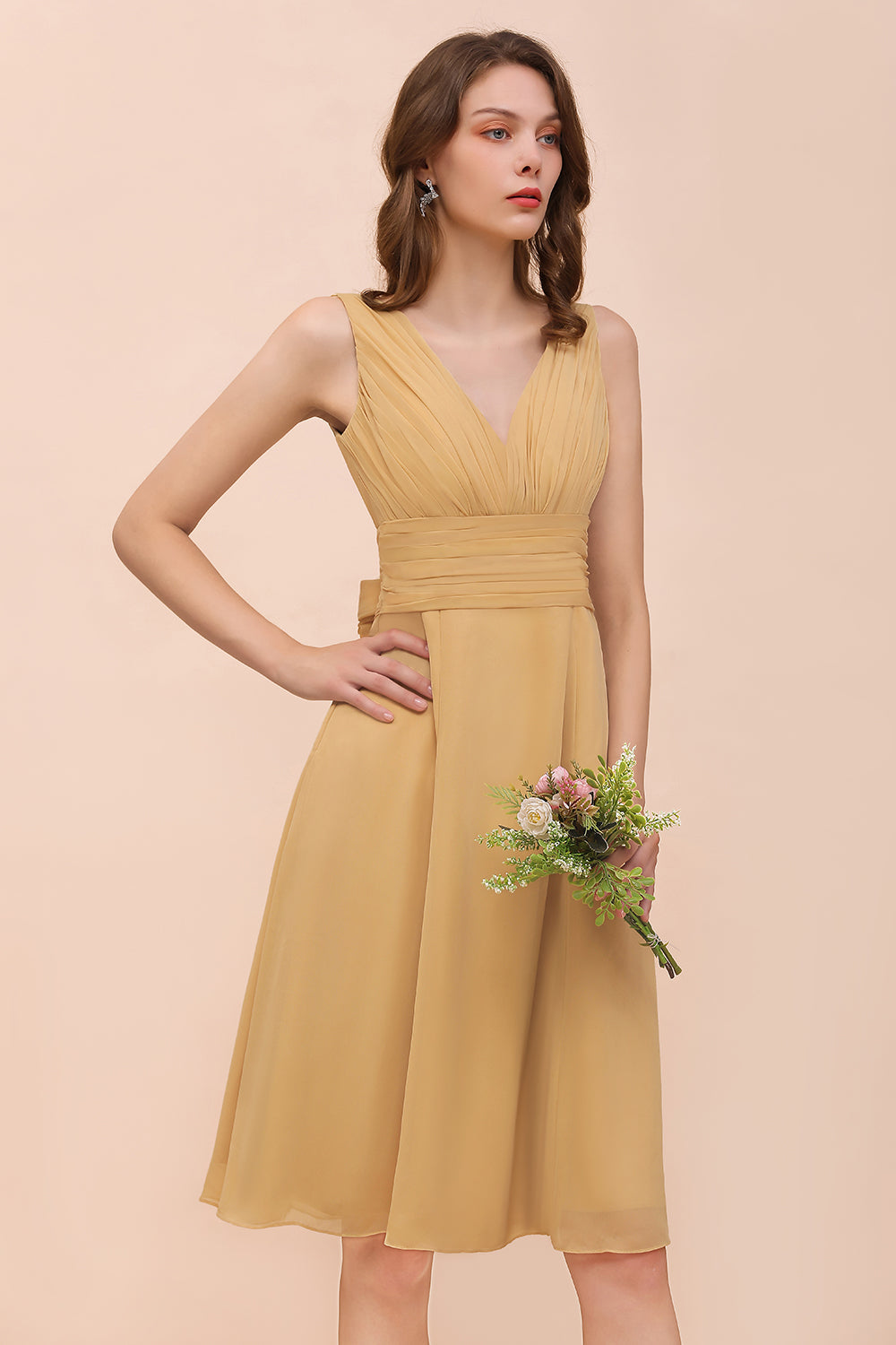 Affordable Gold Short A-line V-neck Chiffon Bridesmaid Dress with Bow-BIZTUNNEL