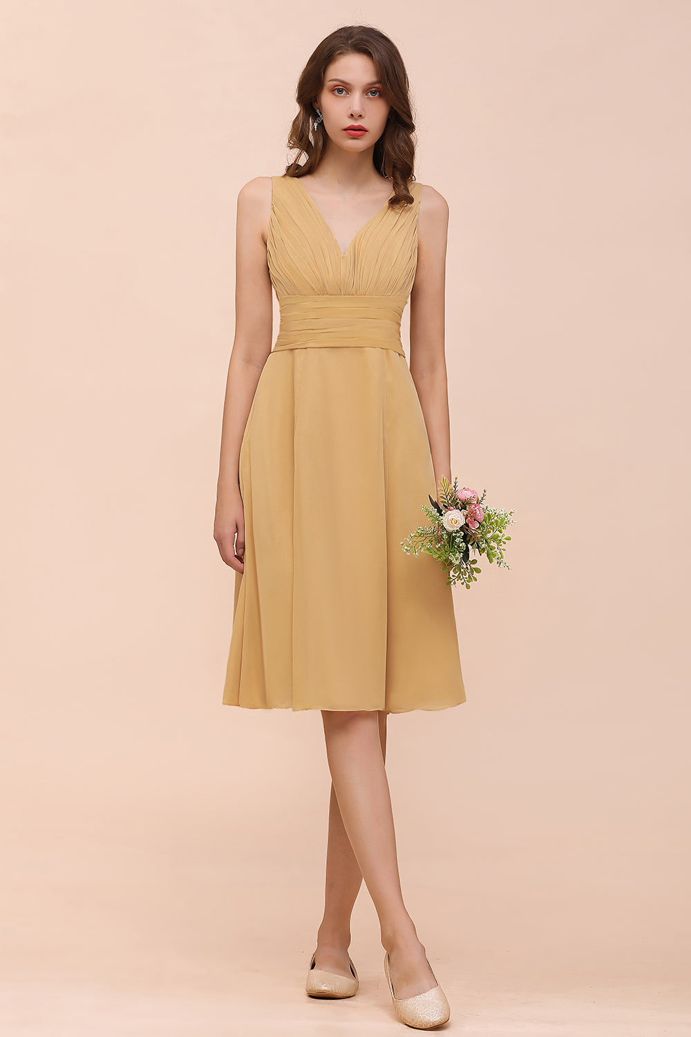 Affordable Gold Short A-line V-neck Chiffon Bridesmaid Dress with Bow-BIZTUNNEL