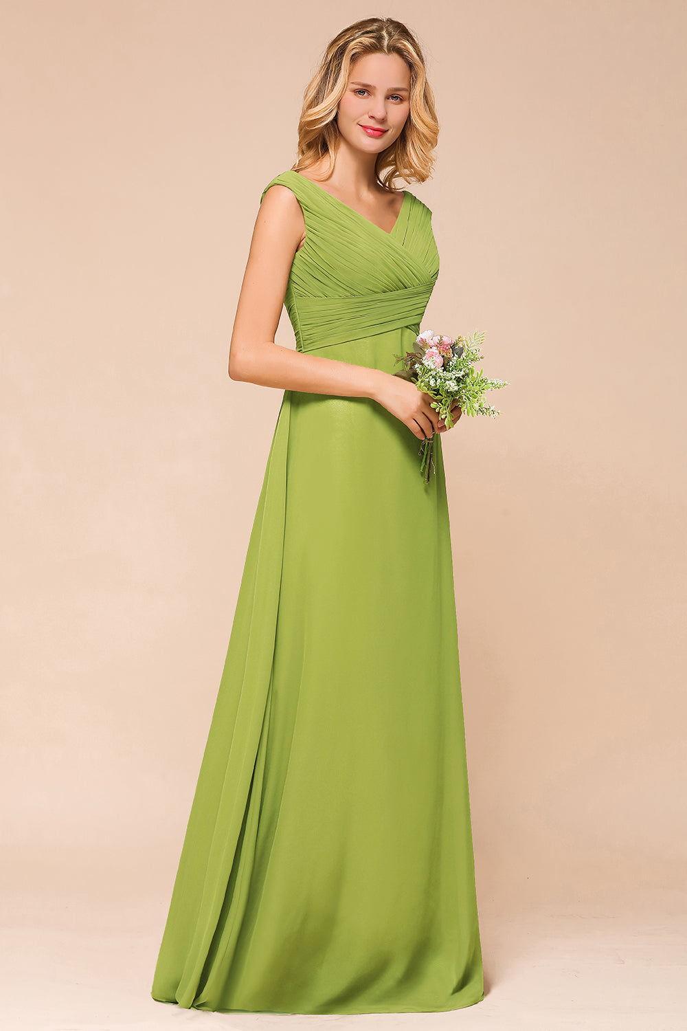 Affordable Green A-line V-neck Chiffon Long Bridesmaid Dress-BIZTUNNEL