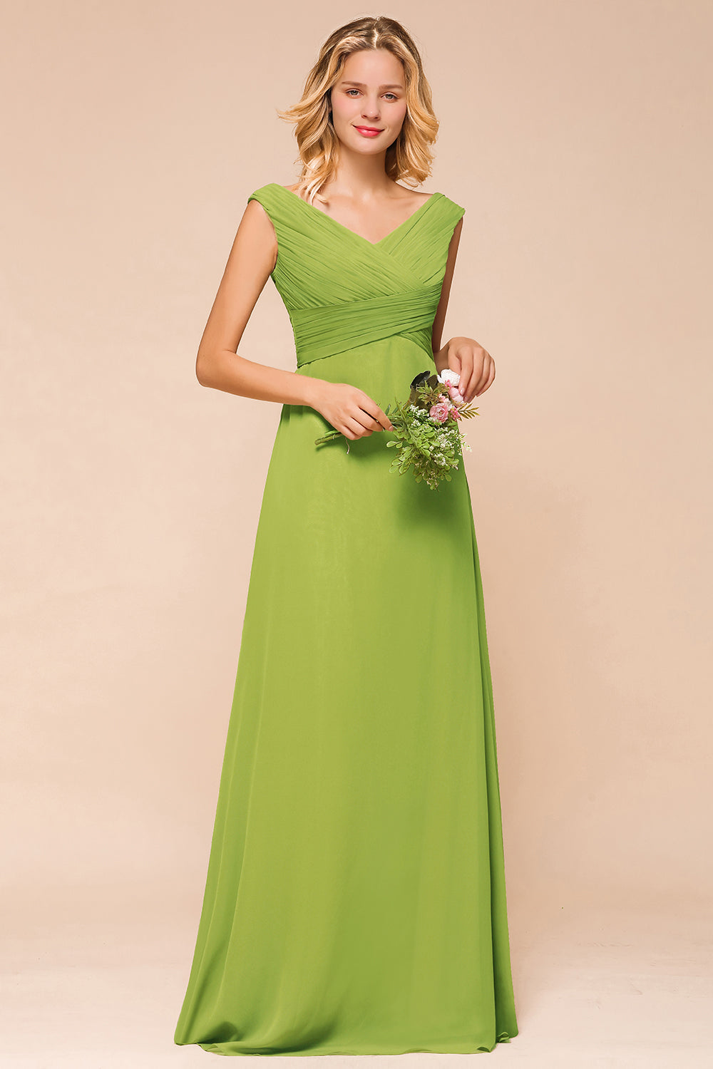 Affordable Green A-line V-neck Chiffon Long Bridesmaid Dress-BIZTUNNEL