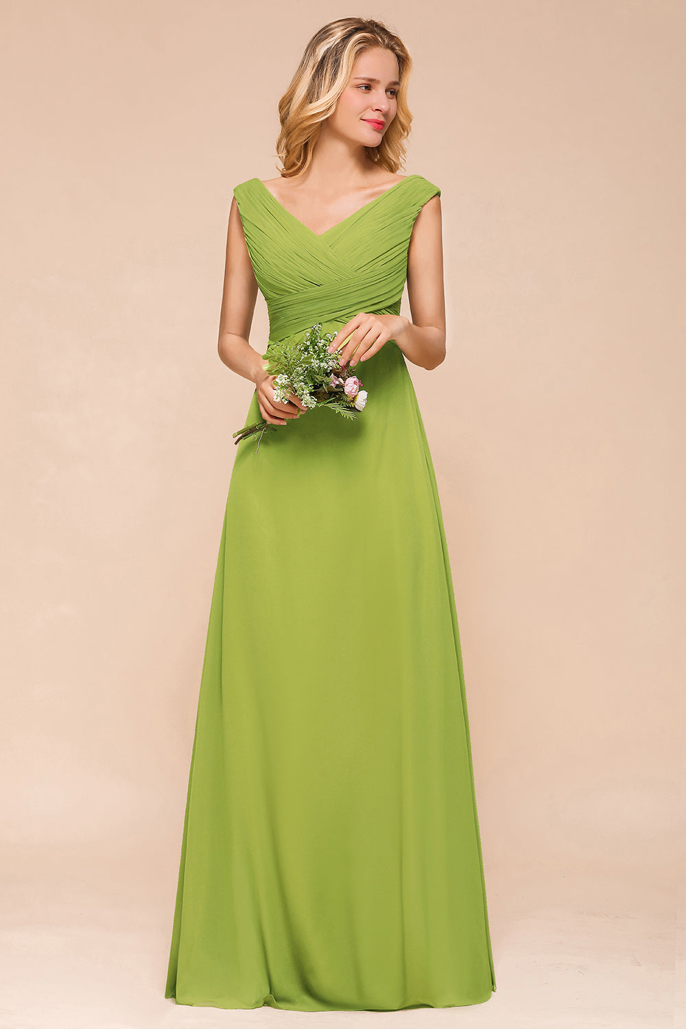 Affordable Green A-line V-neck Chiffon Long Bridesmaid Dress-BIZTUNNEL