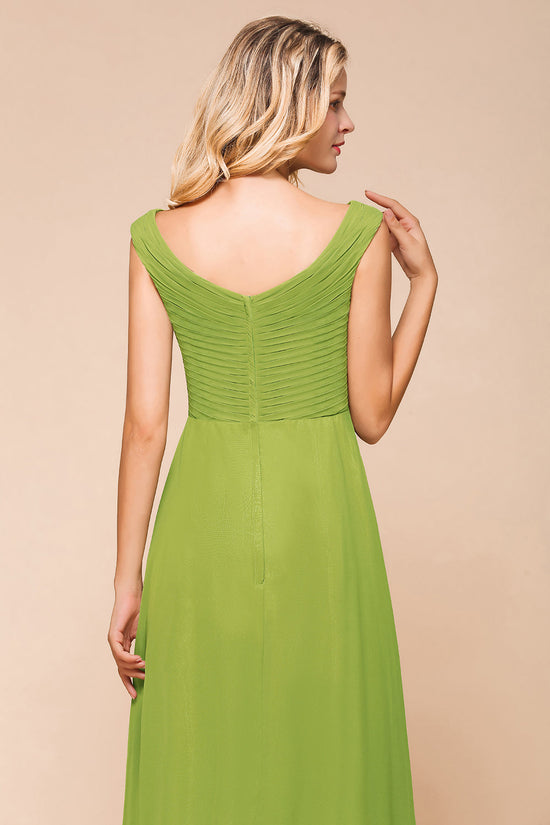 Affordable Green A-line V-neck Chiffon Long Bridesmaid Dress-BIZTUNNEL