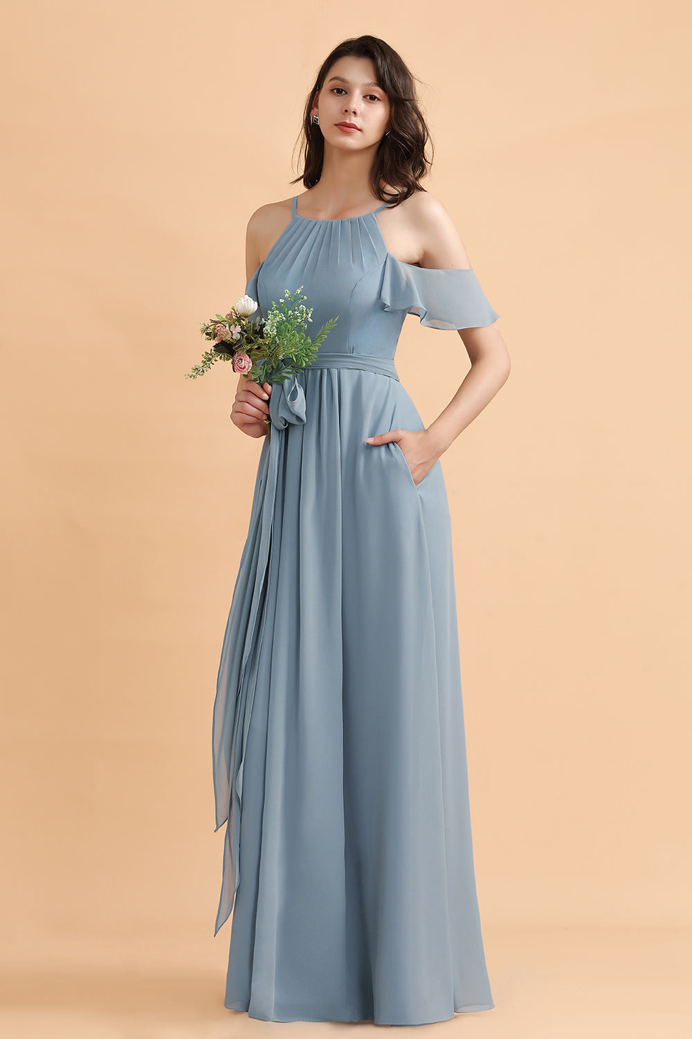 Amazing Long A-Line Off-the-Shoulder Chiffon Grey Blue Bridesmaid Dres –  BIZTUNNEL