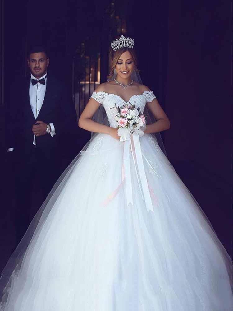 Amazing Long Ball Gown Off the Shoulder Lace Tulle Wedding Dresses-BIZTUNNEL