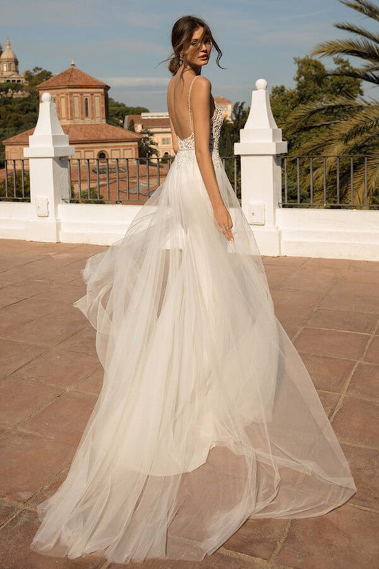 Amazing Long Mermaid Chapel Train Tulle Open Back Wedding Dress-BIZTUNNEL