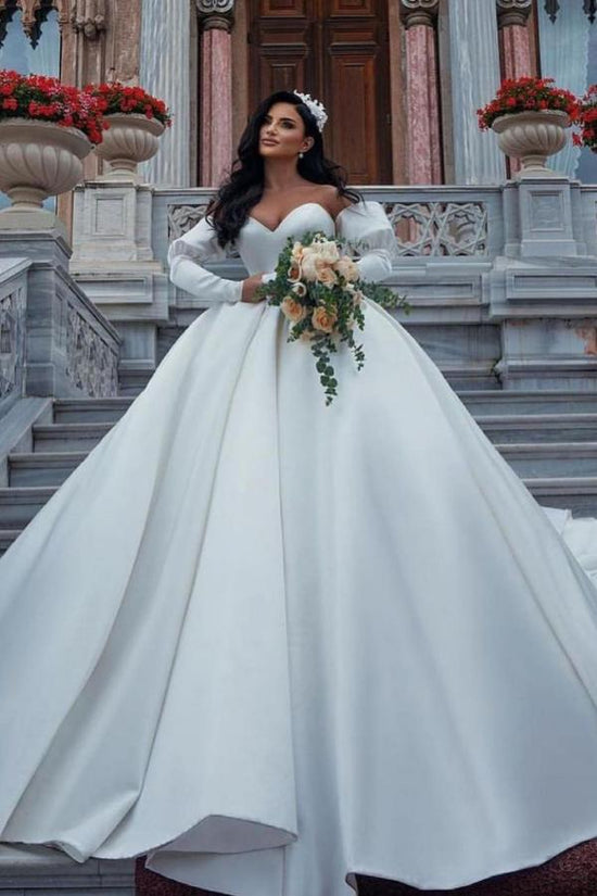 Amazing Long Princess Satin Sweetheart Wedding Dresses with Sleeves-BIZTUNNEL