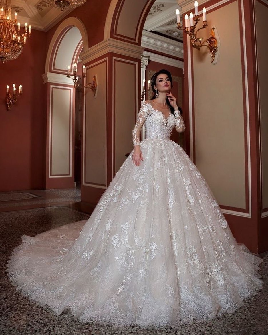 Attractive Long A-Line Bateau Beading Appliques Lace Train Wedding Dress with Sleeves-BIZTUNNEL