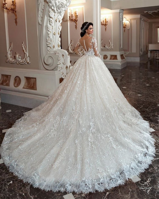 Attractive Long A-Line Bateau Beading Appliques Lace Train Wedding Dress with Sleeves-BIZTUNNEL