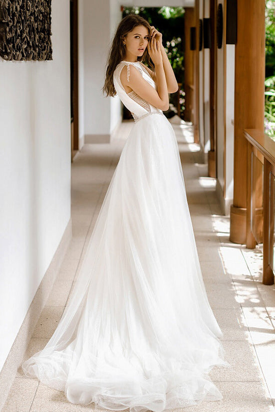 Awesome Long A-line Beading Tulle Open Back Wedding Dress-BIZTUNNEL