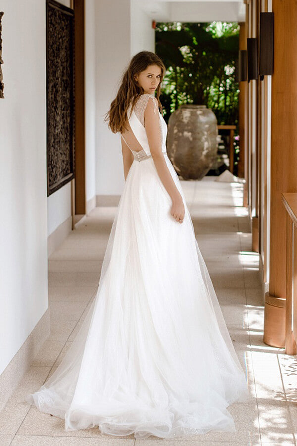 Awesome Long A-line Beading Tulle Open Back Wedding Dress-BIZTUNNEL