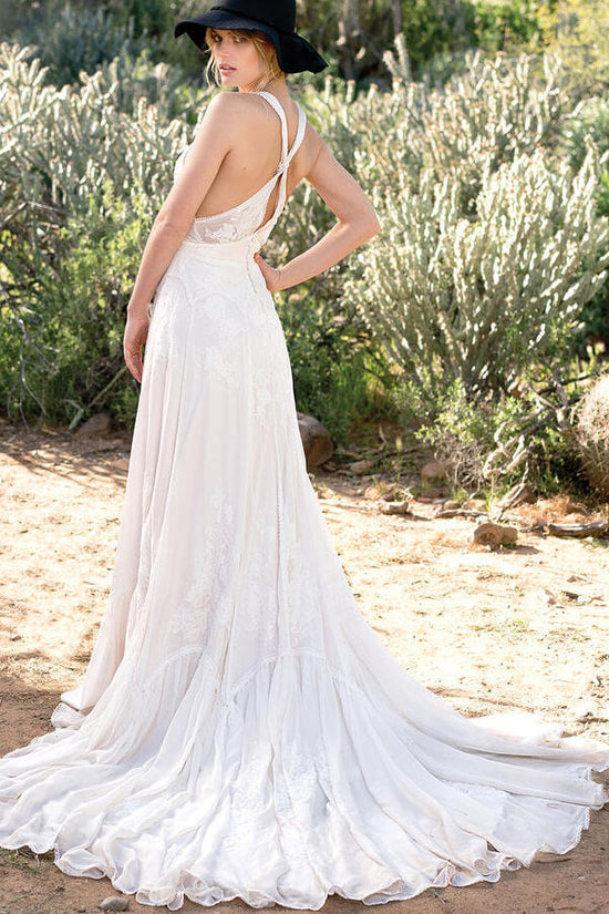 Awesome Long A-line V-neck Lace Chiffon Open Back Wedding Dress-BIZTUNNEL