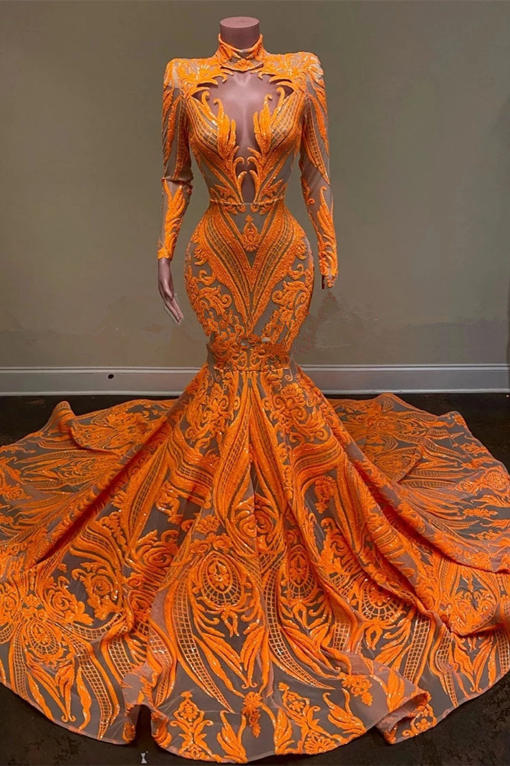 Mermaid Prom Dress Orange Long Sleeves Sequins Lace