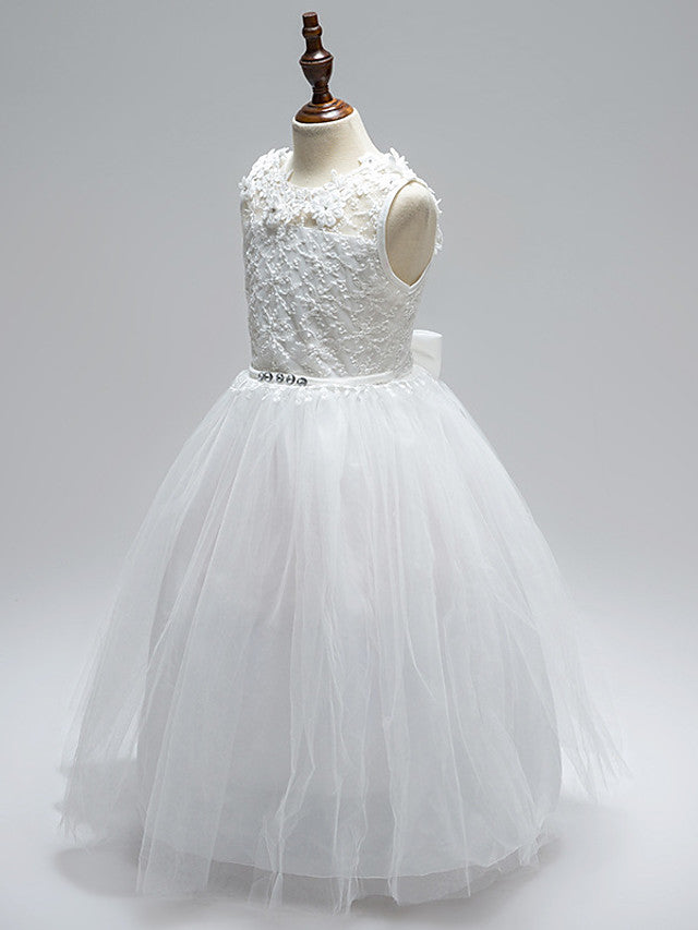 Ball Gown Lace Tulle Sleeveless Jewel Neck First Communion Long Flower Girl Dresses-BIZTUNNEL